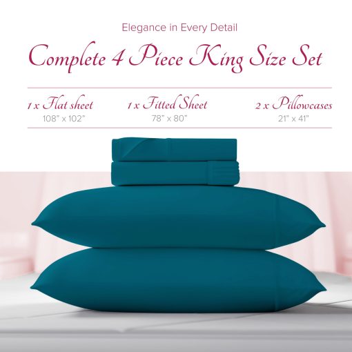 Juego de sabanas de lino Carressa King Egyptian Cotton - Sabanas de algodon egipcio de 1200 hilos para cama King Size, sabanas de lujo para cama King Size, sabanas de alto conteo de hilos con bolsillo profundo, se ajusta hasta 18" - Turquesa - Imagen 3