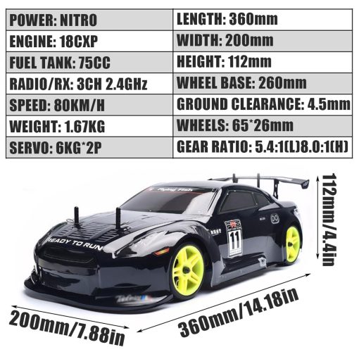 Coche RC Nitro BINGXMF 1/10 dos velocidades Nitro Gas Power Truck para Adultos Profesionales Rapido Drift Coche de Control Remoto Nitrogeno Drive 4WD 80KM/H Chasis de Metal Gas Off Road Truck de Curso Corto (Negro) - Imagen 2