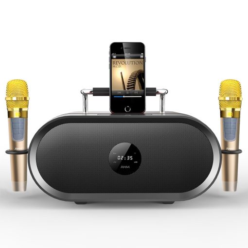 RHM K666 Maquina de Karaoke con Sonido Poderoso y Claro, 2 Microfonos Inalambricos, Bateria Recargable, 8 Horas de Reproduccion, Compatible con Bluetooth/AUX/USB/PC para Casa, Fiesta, Boda, Picnic, Actividades al Aire Libre