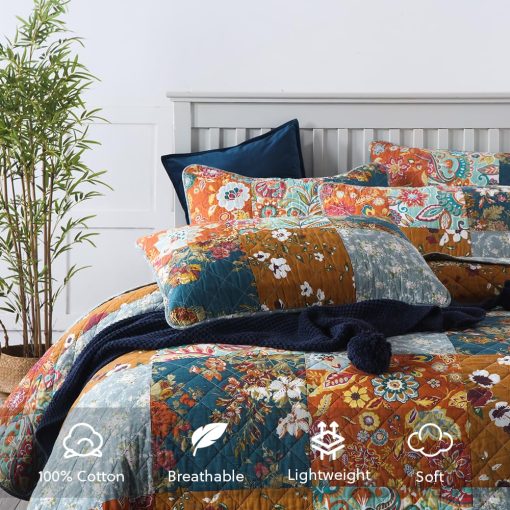 Juego de Colchas de Algodon Camandy 3 Piezas Reversible de Lujo con Estampado Paisley Floral Marron, Tamaño King - Imagen 3