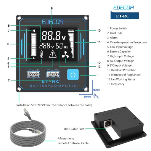 Inversor de Corriente EDECOA 3000 Vatios DC 12V a AC 110V 120V Convertidor 3000W para Coche Camion RV con LCD y Doble Puerto USB Control Remoto (ETRC Remoto) - Imagen 5