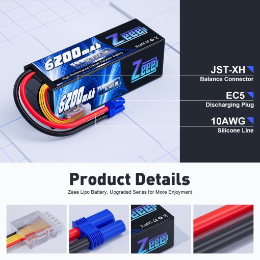 Bateria Zeee 4S Lipo 6200mAh 14.8V 80C con Carcasa Resistente y Conector EC5 para Coche Camion Tanque RC Buggy Truggy Racing Hobby (2 Paquetes) - Imagen 3