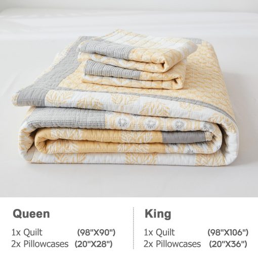 Colcha King Size Finlonte, 100% Algodon Colcha King Size, Colcha Acolchada Amarilla Gris para Cama King, Ligera y Reversible Juego de Ropa de Cama de 3 Piezas - Imagen 5