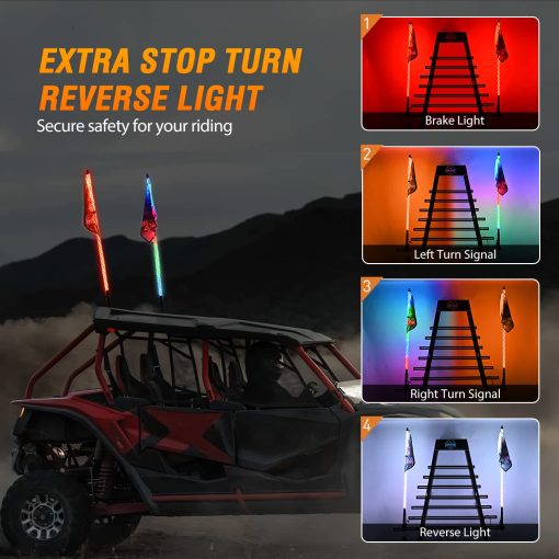 Nilight 2PCS 3FT RGB LED Whip Light, Control Remoto y de APP con Patrones de Caza DIY Luz de Parada Giro Reversa Antena de Seguridad Iluminacion de Latigos para ATV UTV Polaris RZR Can-am Buggy Jeep, Garantia de 2 Anos - Imagen 4