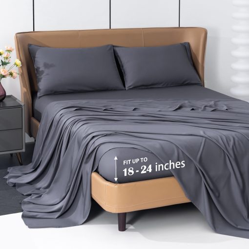 Juego de Sabanas de Enfriamiento Levoo de Bambu Viscosa 18"-24" Bolsillo Extra Profundo Juego de Sabanas de Enfriamiento para Personas Calurosas Sabanas de Cama de Seda 4 Piezas (Tamano King de California, Gris Oscuro)