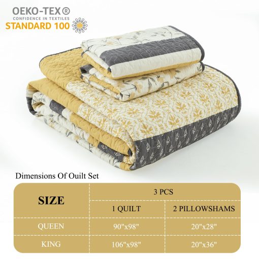 Edredon a rayas tamaño Queen DDUOXIN - 100% algodon suave reversible con 2 fundas de almohada, edredon de cama estampado floral ligero, juego de edredones, amarillo (dorado)/gris/blanco, Queen - Imagen 4