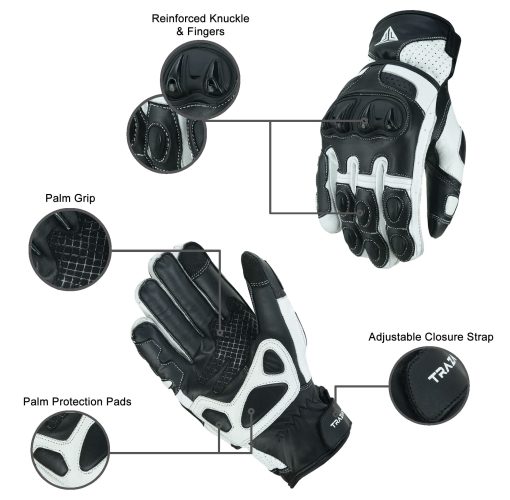 Guantes de Cuero para Motocicleta, Montar, Turismo, Crucero, Proteccion de Nudillos, Guantes de Moto para Hombres y Mujeres (Blanco y Negro, Pequeno) - Imagen 6