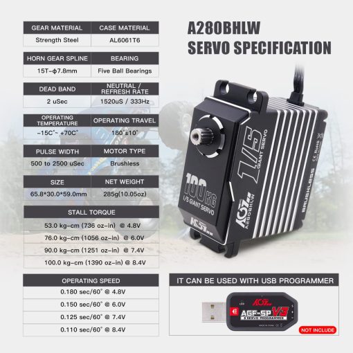 Servo Motor Digital-RC de Alto Torque de 100KG Impermeable - Engranaje de Metal Completo sin Escobillas para Direccion Escala 1/5 para Coche RC 1/5, angulo de Control 180? (A280BHLW(2S)) - Imagen 2