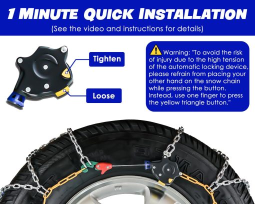 Cadenas de Nieve Auto Fijacion en 1 Minuto de Instalacion Rapida y Facil, Cadenas de Neumaticos Portatiles y Reutilizables para Emergencias Universales para Automoviles de Pasajeros, Camionetas y SUV - Juego de 2 - Imagen 4