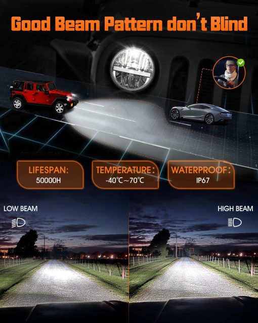 Faro Led redondo de 7 pulgadas UNI-SHINE con Reflector 6024 Led Faro 7'' con Luz de Giro ambar Luces Diurnas Blancas  Aprobado por DOT Luces Altas/Bajas Compatible con Jeep Wrangler JK TJ CJ Compatible con Chevy - Imagen 5
