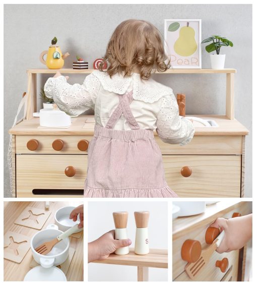 Set de Juego de Cocina de Madera PairPear para Niños, Cocinita de Juguete con Platos de Comida de Juego y Fregadero, Accesorios de Cocina de Juego para Niñas y Niños de 3+ Años - Imagen 6