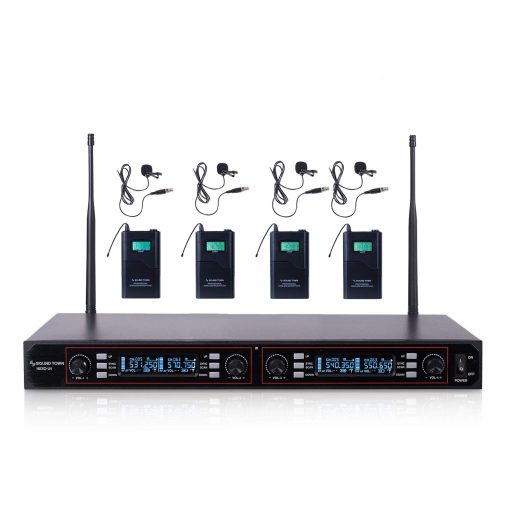 Sistema de Microfono Inalambrico Profesional Ajustable de 200 Canales Montable en Rack de Sound Town con Receptor de Metal, 4 Microfonos Lavalier, 4 Transmisores de Cuerpo (NESO-U4LL)