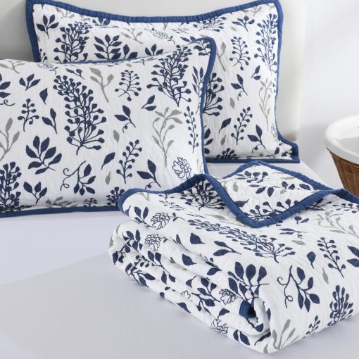 Edredon Floral Gris Azul BCOTTOND Tamano Queen - Juego de Edredon de Algodon 100% Funda de Cama Tamano Queen Ligero Reversible Suave Colcha de Cama Juego de Ropa de Cama para Todas las Estaciones de 3 Piezas - Imagen 6