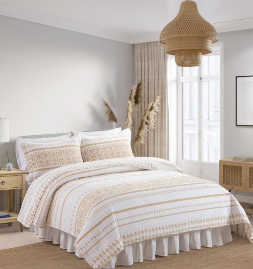 Juego de Colcha Boho Cinefoso, Colcha Tamano Queen 100% Algodon Juego de Edredon Bohemio con Estampado de Rayas Ligero Juego de Cama Reversible Cubrecamas de Cama Reina para Todas las Estaciones, Beige 3 Piezas - Imagen 2