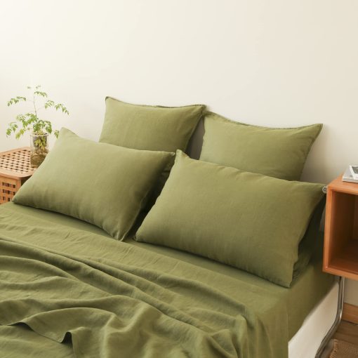 Juego de sabanas Simple&Opulence 100% Lino 4 piezas Estilo Basico, Bolsillo Profundo, Lino Frances Lavado Natural, Sabanas Transpirables Suaves - Verde Oliva, Queen - Imagen 9