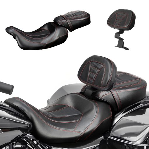 Asientos de perfil bajo para piloto y pasajero con asiento de cuero con respaldo delantero para piloto para Harley 2009-2022 Touring Road King Street Glide Road Glide Electra Glide, Cojin de asiento + Respaldo