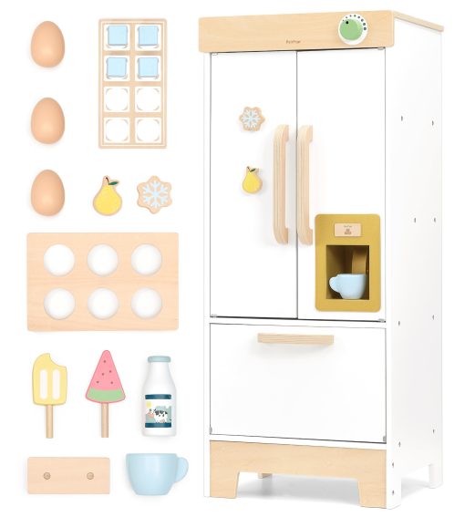 Juego de Cocina para Ninos PairPear, Refrigerador de Juguete de Madera, Set de Congelador para Ninos, Cocina de Juguete para Ninos Pequenos con Accesorios de Cocina de Juego, Regalo de Comida de Juguete para Ninos y Ninas de 3+ anos