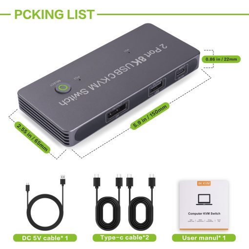 Switch KVM USB Tipo-C 8K 2 en 1, 2 USB-C a 1 DP Switch KVM para 2 Laptops Comparten 1 Monitor DisplayPort, Teclado y Raton, Soporta Resolucion de 8k@30hz, 4k@60hz, 4k@144hz, Plateado - Imagen 7