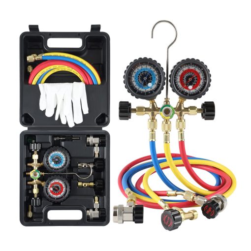 Juego de Manifold de Diagnostico de A/C Lichamp R134a R22 R12 R502 con Manguera de 5FT, Acoplamientos de Puncion y Tapon Autocerrante, Clasico #A301