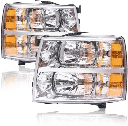 Faro delantero Cheda compatible con Chevy Silverado 1500 2007-2013 / Ajuste 07-14 Chevy Silverado 2500 3500 y Modelos HD (AWT Lente clara Carcasa cromada Indicador ambar, Estilo basico)