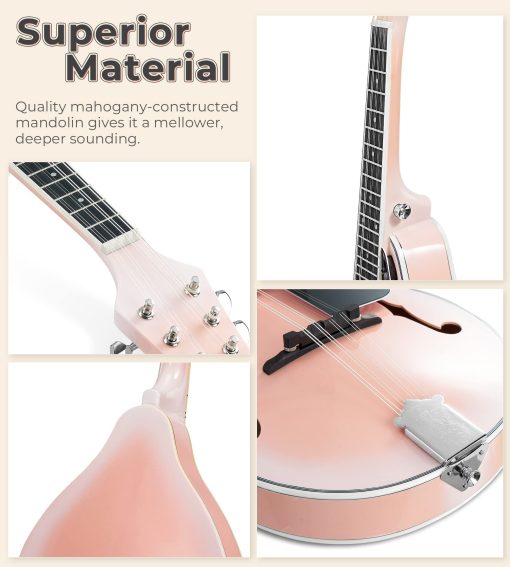 Mandolina Vangoa A Style Instrumento Musical Mandolina para Principiantes Ninos Adultos, Mandolina Acustica de 8 Cuerdas Kit Inicial de Caoba, Rosa - Imagen 3