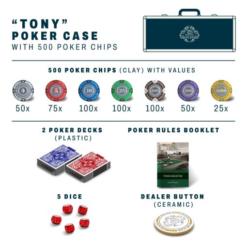 Maletin de Poker Bullets Playing Cards 'Tony' con 500 fichas de poker de arcilla - set de poker premium para juegos de efectivo y torneos - Imagen 8