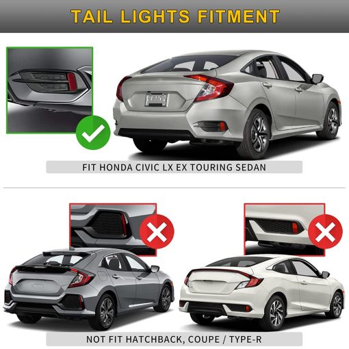 ATDK GROUP Luz Trasera LED Para Paragolpes Trasero de Honda Civic LX EX Touring Sedan 2016 2017 2018 2019 2020 2021 Luces de Freno y Niebla con Senal de Giro Dinamica Secuencial (Lente Negra) - Imagen 6
