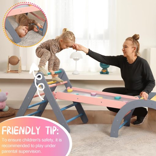 Set de Triangulo Pikler con Cojin, 7 en 1 Juguetes de Escalada para Ninos Pequenos en Interiores, Set de Escalada Plegable Montessori, Juguetes de Madera para Ninos Pequenos 1-3 Anos con Rampa, Arco y Escalera (Arcoiris con Azul) - Imagen 6