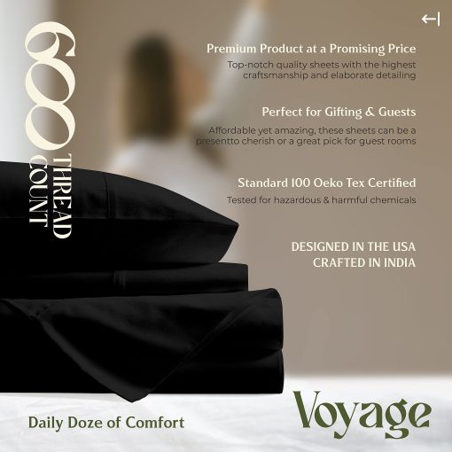 Juego de sabanas Mayfair Linen 100% algodon egipcio Split King para cama ajustable - 600 hilos 5 piezas juego de sabanas Top Split King, bolsillo profundo de 16" Sabanas suaves y frescas para cama ajustable Split King - Negro - Imagen 8
