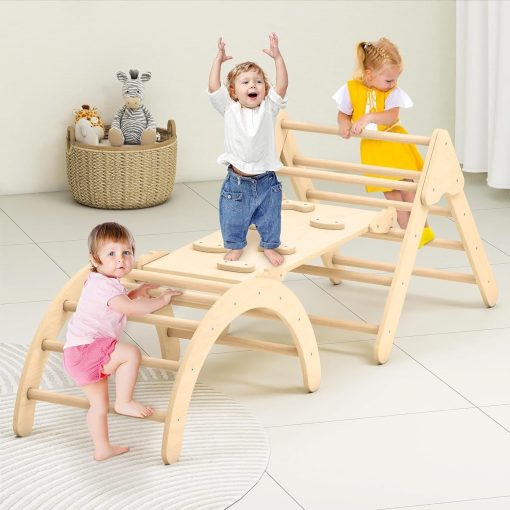 Juguetes de Escalada para Ninos Pequenos Zupemo, Set de Triangulo Pikler Montessori para Ninos Pequenos en Interiores, Set de Escalada Plegable con Arco, Rampa, Triangulo, Tobogan, Balancin, Gimnasio de Triangulo de Madera Pikler en Interiores