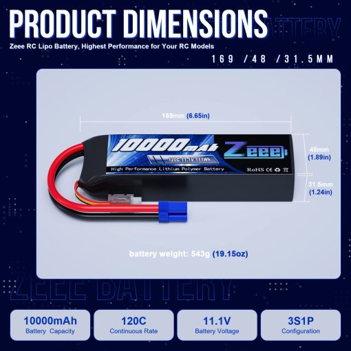 Bateria Lipo Zeee 3S 10000mAh 11.1V 120C con Conector EC5 Estuche Suave Bateria RC para Coche RC Camion Tanque Carreras Modelos Hobby (Paquete de 2) - Imagen 2