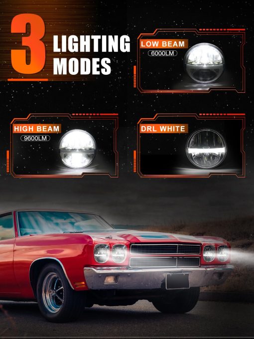 Faros LED redondos de 5 3/4 pulgadas con reflector Hi/Lo y DRL sellado Beam H5001 H5006 compatibles con Peterbilt 349 359, Chevy Impala 59-76, Dodge - Paquete de 4 unidades - Imagen 3