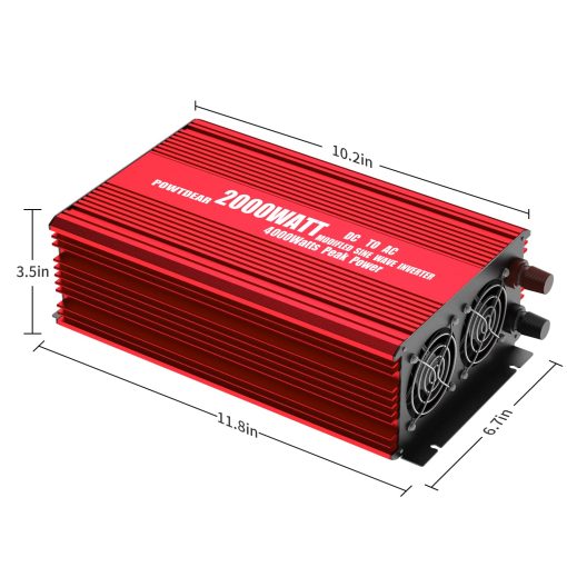 POWTDEAR Power Inverter 2000 Watt, Convertidor de Energia 2000W DC 12V a 110V AC Inversor de Coche con Puertos USB de 2.4A y 3 Tomas de Corriente Alterna Rojo - Imagen 5