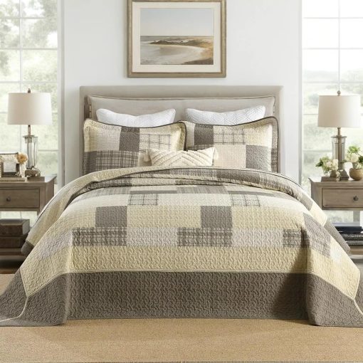 Colcha de Cama Queen 100% Algodon de 120"x102" - Juego de Ropa de Cama Ligero de Estilo Granja, 3 Piezas Edredon Reversible de Lujo en Cuadros Suaves, Beige/Marron - Imagen 2