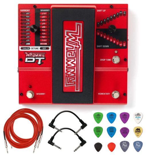 Pedal de cambio de tono Digitech Whammy DT Briskdrop con paquete de 2 cables de parche, 2 cables de instrumento y paquete de puas de variedad Dunlop, whammyDT-bundle