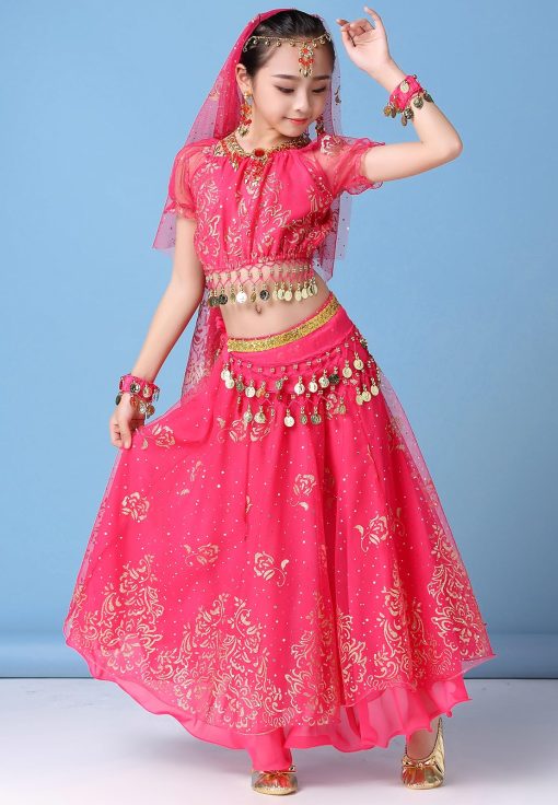 Conjunto de Disfraz de Danza del Vientre ORIDOOR para Ninas Traje de Vestido Plisado para Halloween, Traje de Actuacion India de 5 Piezas de 5-7 Anos A-Rosa - Imagen 4