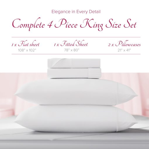 Juego de Sabanas King Size de Algodon Egipcio Carressa Linen - 1200 Hilos 4 Piezas Juego de Sabanas King Size, Sabanas de Lujo King Size, Suaves como la Seda, Sabanas con Bolsillo Profundo que se Ajustan Hasta 18" - Blanco King - Imagen 3