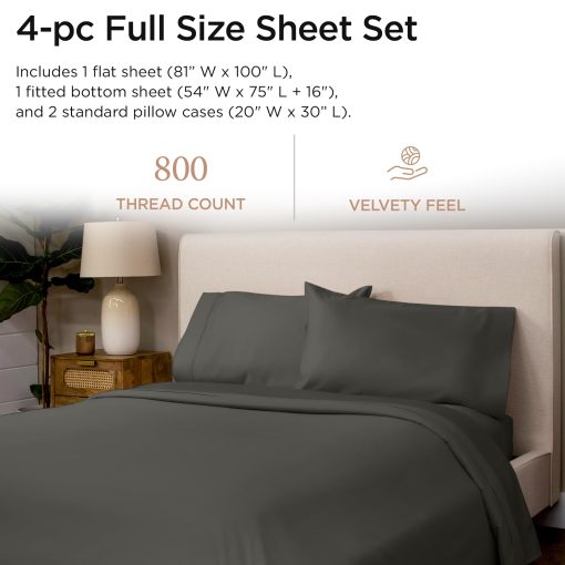 Juego de sabanas Threadmill Luxury de 800 hilos, tamano completo, 100% algodon - Sabana cama de saten gris oscuro, mejor que el algodon egipcio, juego de ropa de cama solida de 4 piezas, se ajusta a bolsillo profundo de 16" - Imagen 2