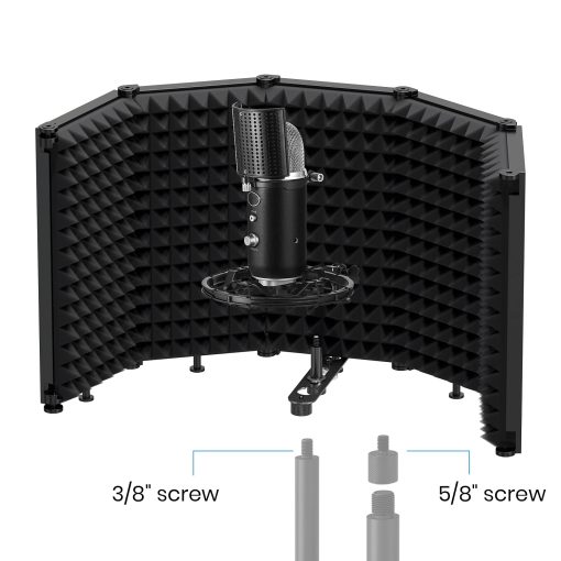 Pantalla de Aislamiento de Microfono Moukey, Pantalla de microfono plegable con triple aislamiento de sonido, Filtro de reflexion con montaje roscado de 3/8" y 5/8" para estudio de grabacion, podcasts, canto y radiodifusion - Imagen 6
