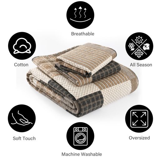 Juego de edredon 100% algodon PANGUSHAN tamano Queen, Edredon Queen, Juego de ropa de cama rustico de cuadros de granja ligero Edredon acolchado Colcha, Edredon carbon / beige / marron para cama Queen, 3 piezas - Imagen 5