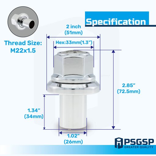 Tuercas de rueda Prime Sleeve PSGSP M22x1.5 Cromadas para camiones pesados, camiones semirremolque, remolque se ajustan a ruedas duales o traseras de aluminio Alcoa con asiento piloteado y agujero de perno: 26mm - Paquete de 10 - Imagen 6