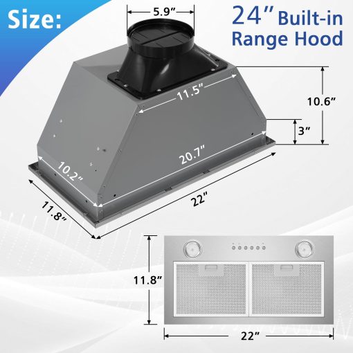Extractor de Campana de 24" ONEEON, Acero Inoxidable 500CFM Empotrable en Cocina, Ventilador de Escape de 4 Velocidades, Filtros de Laberinto Aptos para Lavavajillas, Luces LED y Apagado con Retardo de 3 Minutos - Imagen 6