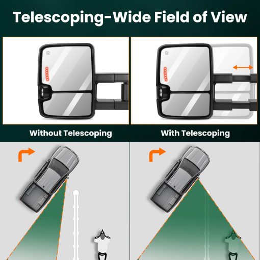 Espejos de remolque SCITOO Espejos exteriores para Chevy para GMC 2007-2014 para Silverado/para Sierra Par de espejos retrovisores con control de potencia, calefaccion, señal de giro, luz de marcha atras, plegado y extension manual - Imagen 3