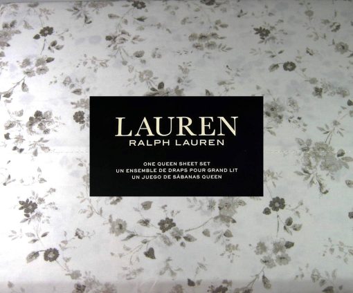 Juego de Sabanas de Lujo Lauren Home Collection - Bolsillos Profundos para Colchones de hasta 16'' - 100% Algodon sin Arrugas de Calidad Hotelera 4 Piezas (Grises con Flores de Mar, Queen)