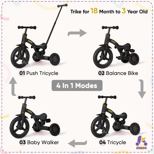 Triciclo para niños KRIDDO 4 en 1 para 1.5 a 3 años con manillar de empuje de direccion parental, rueda delantera de 12 pulgadas, bicicleta de equilibrio para niños y niñas de 18 meses a 3 años, altura ajustable, negro - Imagen 2