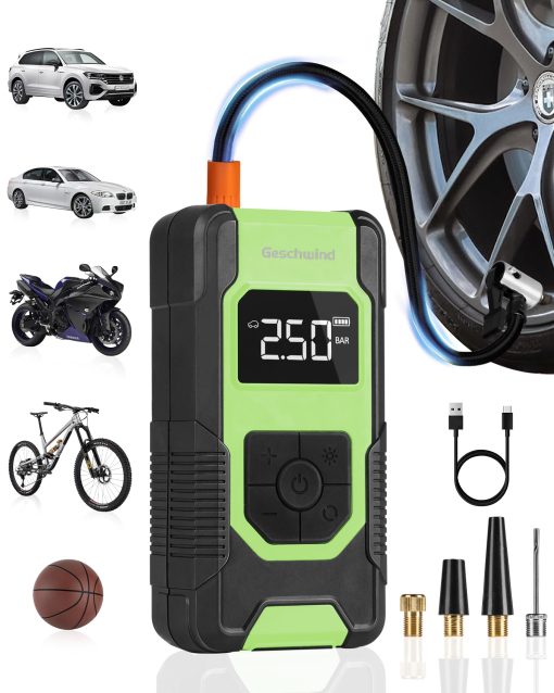 Inflador de neumaticos Geschwind - Compresor de aire portatil, 150 PSI, Bomba de aire electrica para neumaticos de coche inalambrica, 4 veces mas rapido con manometro digital para coche, motocicleta, bicicleta, balon
