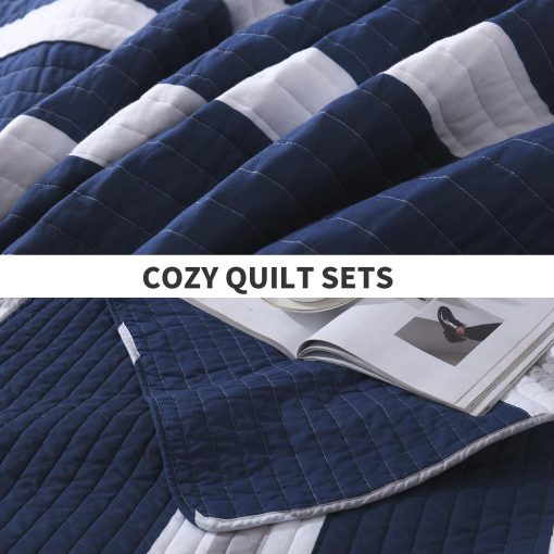 Edredon Queen Size a rayas azul marino PERHOM, Edredon Queen de algodon 100% con 2 fundas, Colchas/Colcha/Conjunto de ropa de cama Queen ligero para todas las estaciones, 3 piezas - Imagen 5