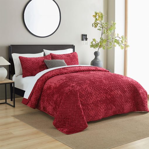 Juego de Edredon de Terciopelo Liians, Juego de Ropa de Cama de Lujo, Elegantes Ultra Suaves Edredones de Terciopelo, Mantas de Cubierta, Colcha de Costura Tejida para Todas las Estaciones, Rojo, Tamaño Queen - Imagen 2
