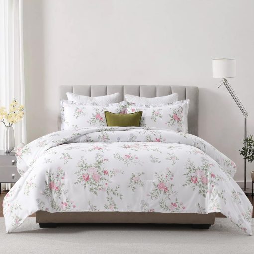 Juego de edredon King Floral Finlonte - Edredon de algodon tamano King, lujoso edredon acolchado de estilo farmhouse, 3 piezas de ropa de cama mullida para cama King durante todo el ano, Blanco/Rosa/Verde, 104"x90" - Imagen 2