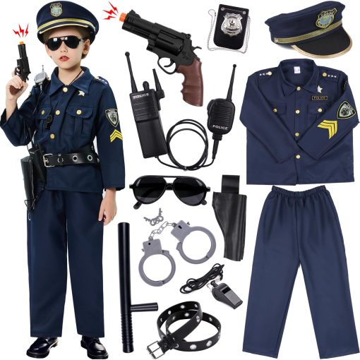 Disfraz de oficial de policia para ninos y ninas Golray - 12 piezas Disfraz de uniforme de policia para ninos con accesorios de juguetes de policia, disfraz de policia para ninas y ninos de 3 a 12 anos para Halloween